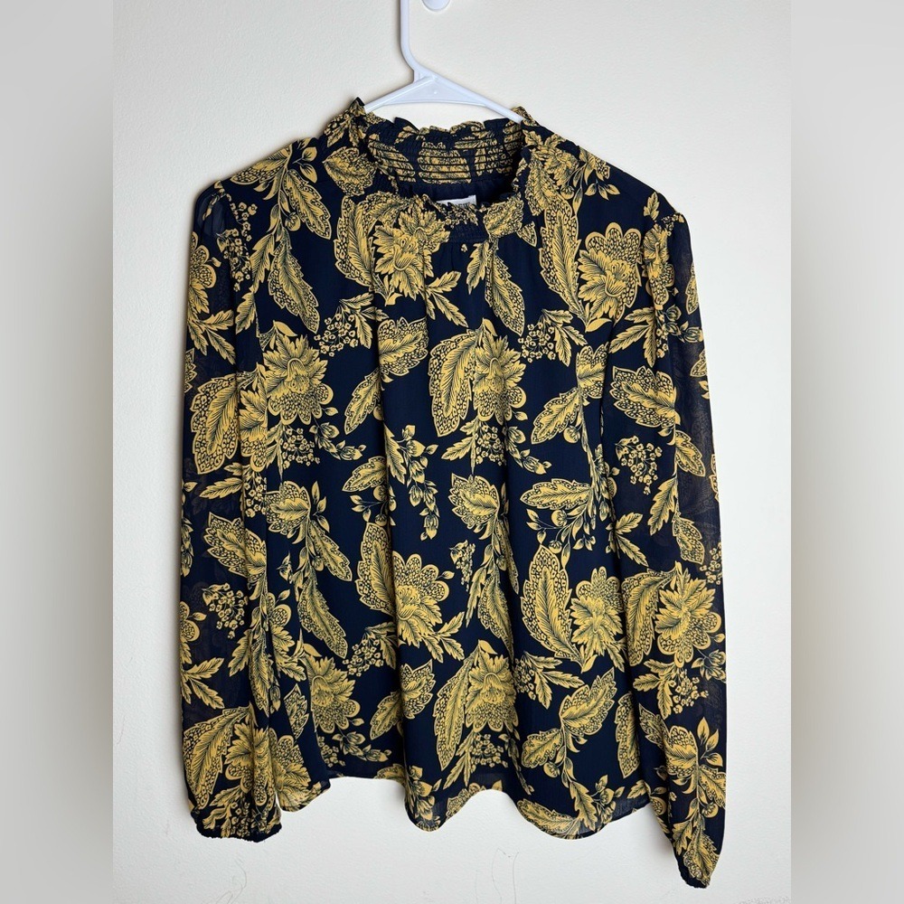 J.Crew Navy Blue Yellow Floral Smocked Mock Neck Blouse Long Sleeve Top Small